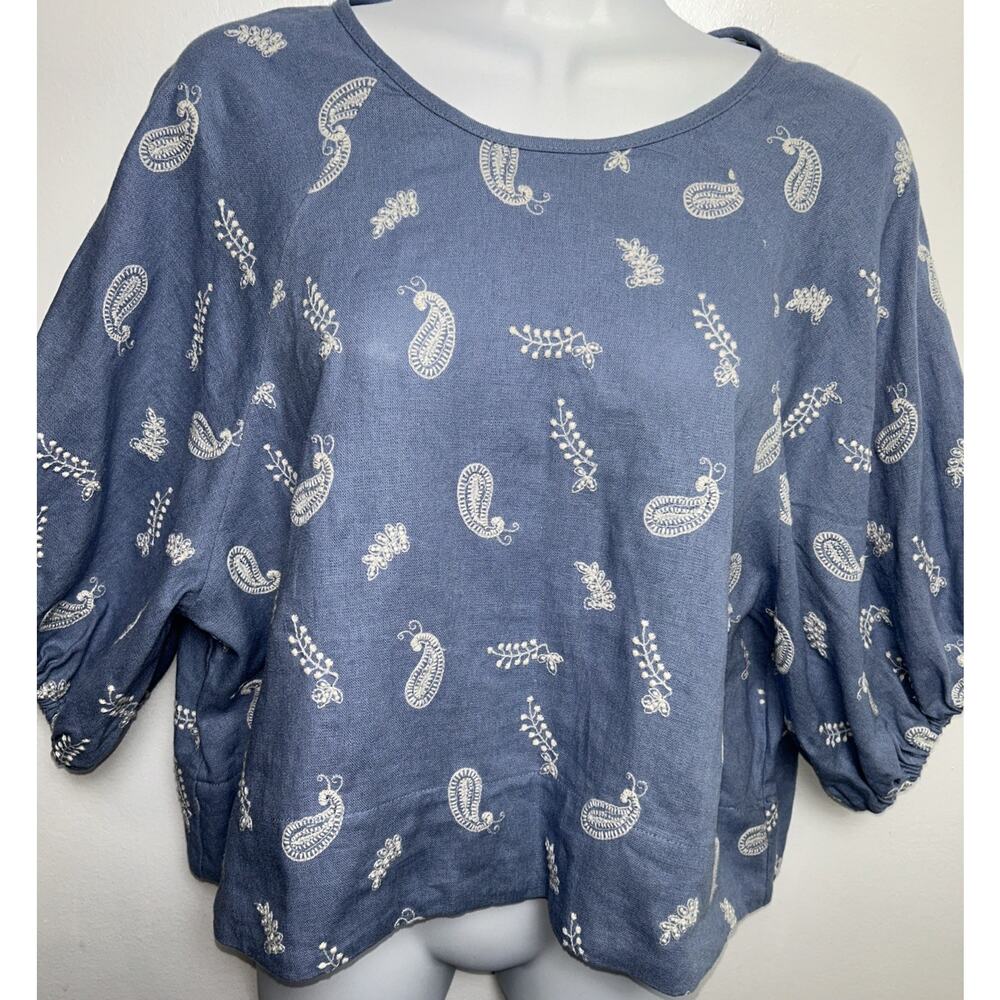 HOUSE OF HARLOW 1960 Blouse Top M Blue -White Embroidery Crop Linen Blend S/S
